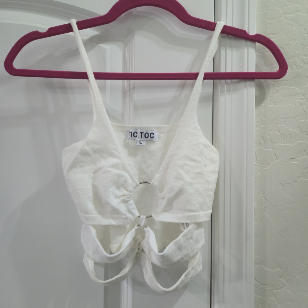 White Cut Out Ring Detail Crop Top L — Ruched Strappy Y2K Clubwear Festival